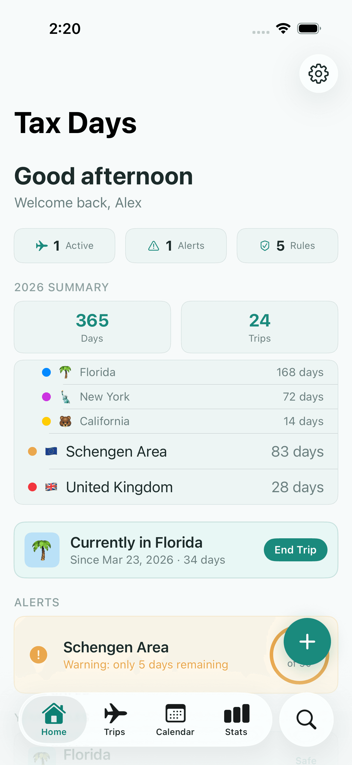 Tax Days home screen showing real-time residency status across multiple jurisdictions