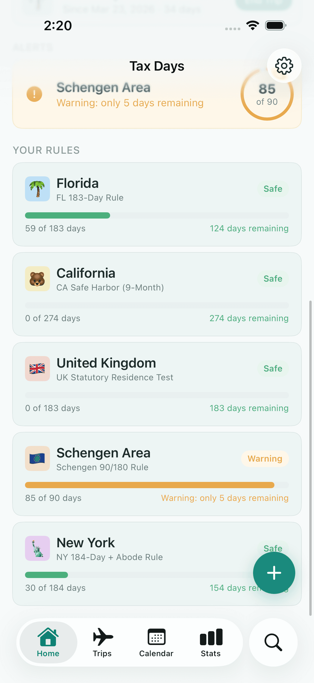 Tax Days dashboard with rule progress bars