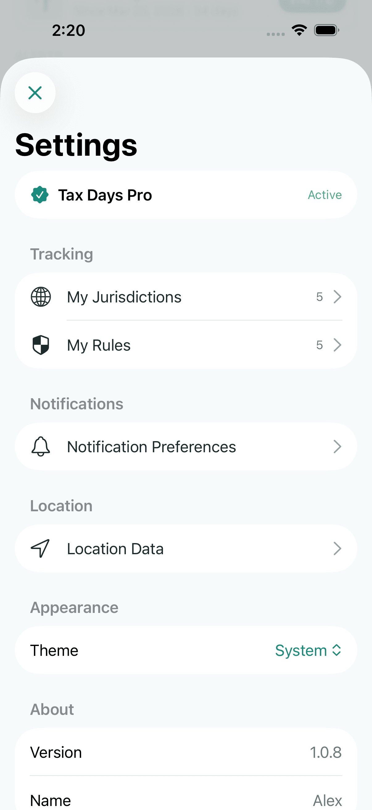 Tax Days settings screen showing supported jurisdictions and rules