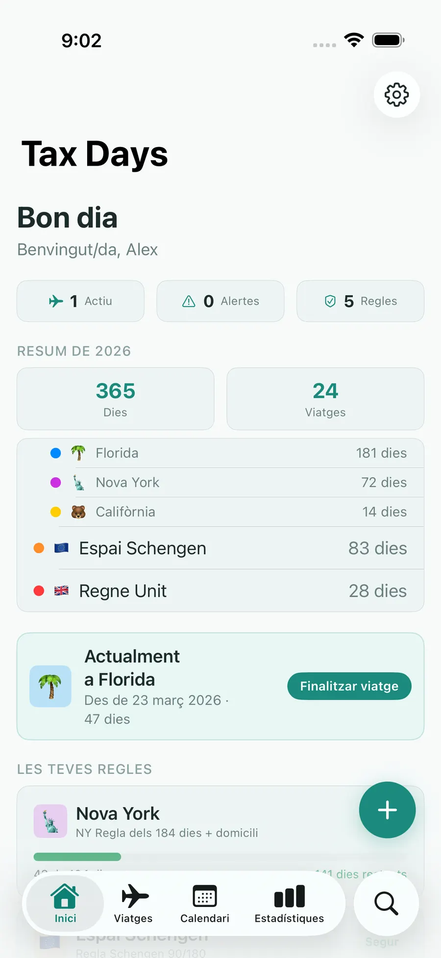Tax Days home screen showing real-time residency status across multiple jurisdictions