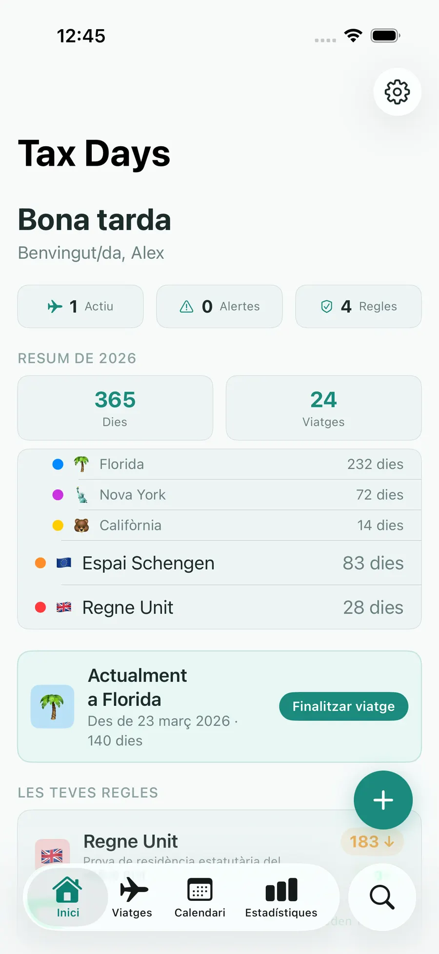 Tax Days home screen with per-jurisdiction day counts and status