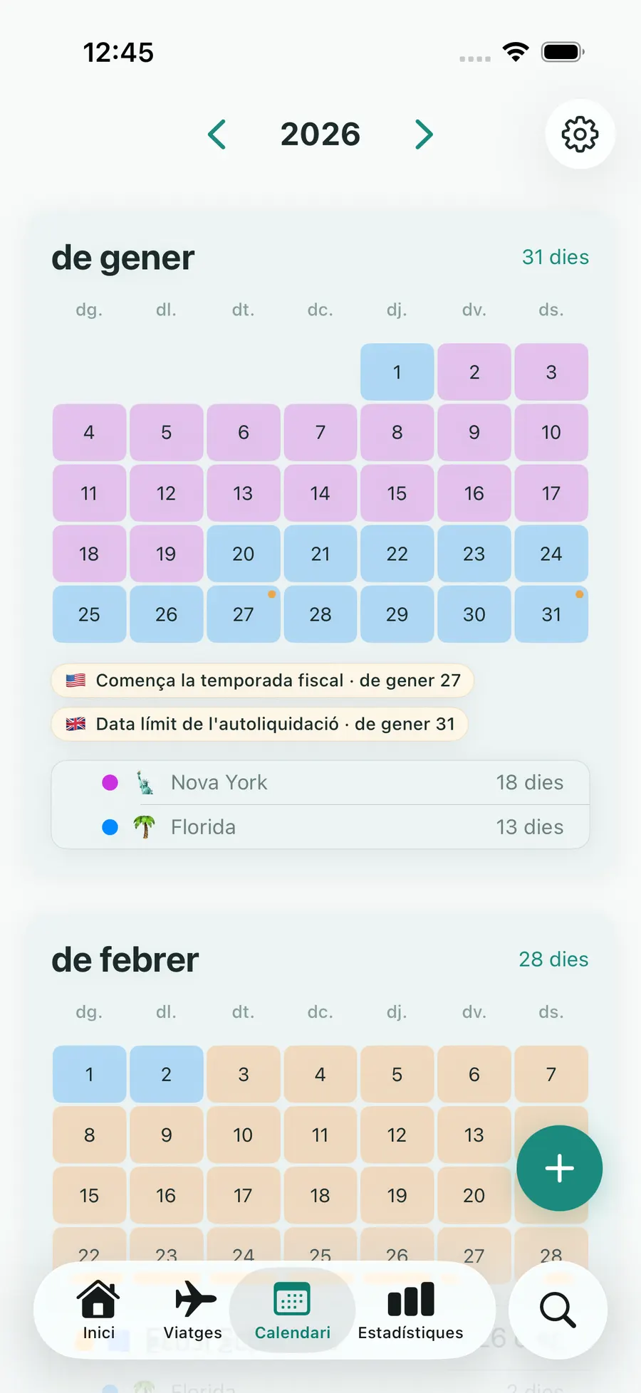 Tax Days yearly calendar with trips highlighted