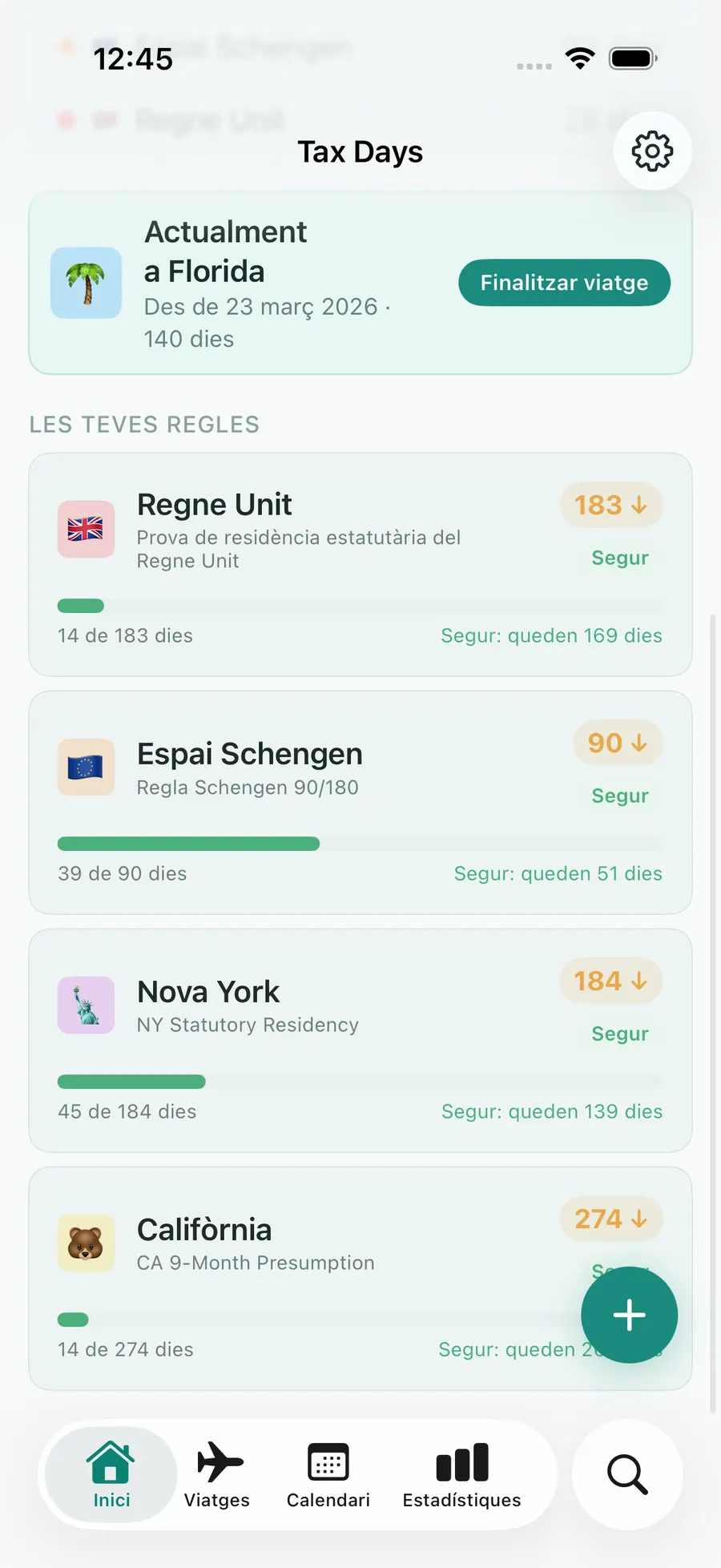 Tax Days rules list showing the Schengen 90/180 rolling-window progress