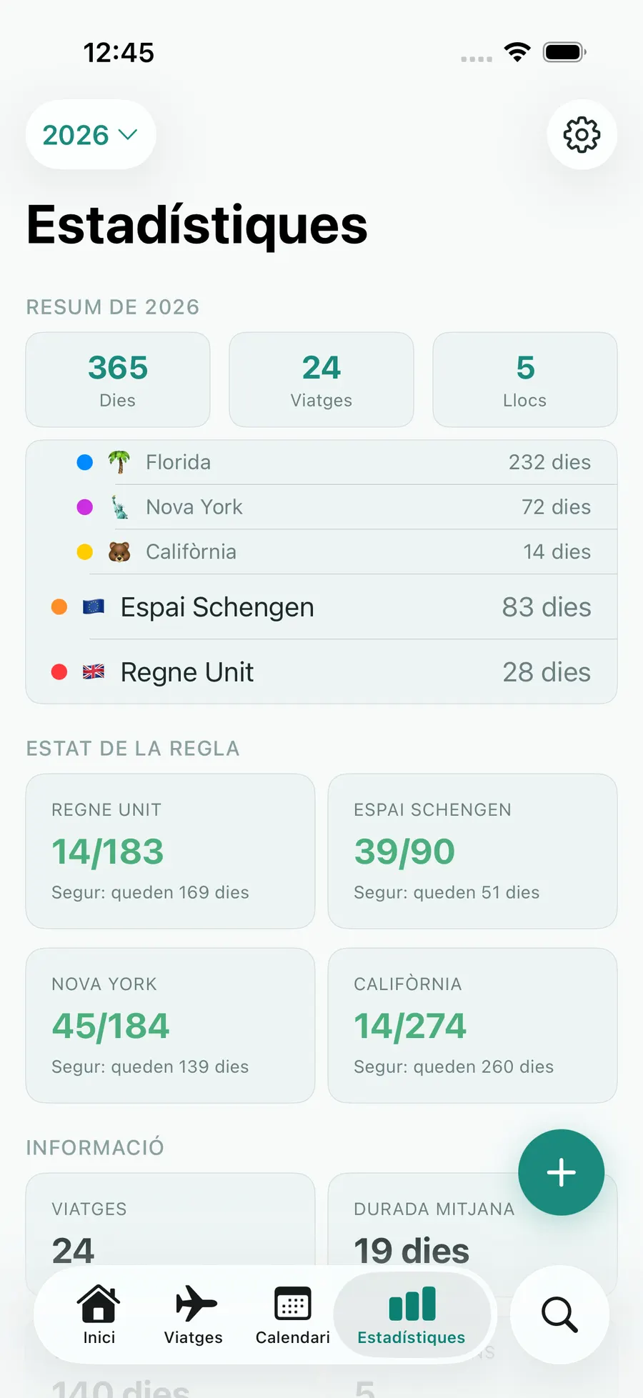Tax Days stats screen with annual summary and per-rule status