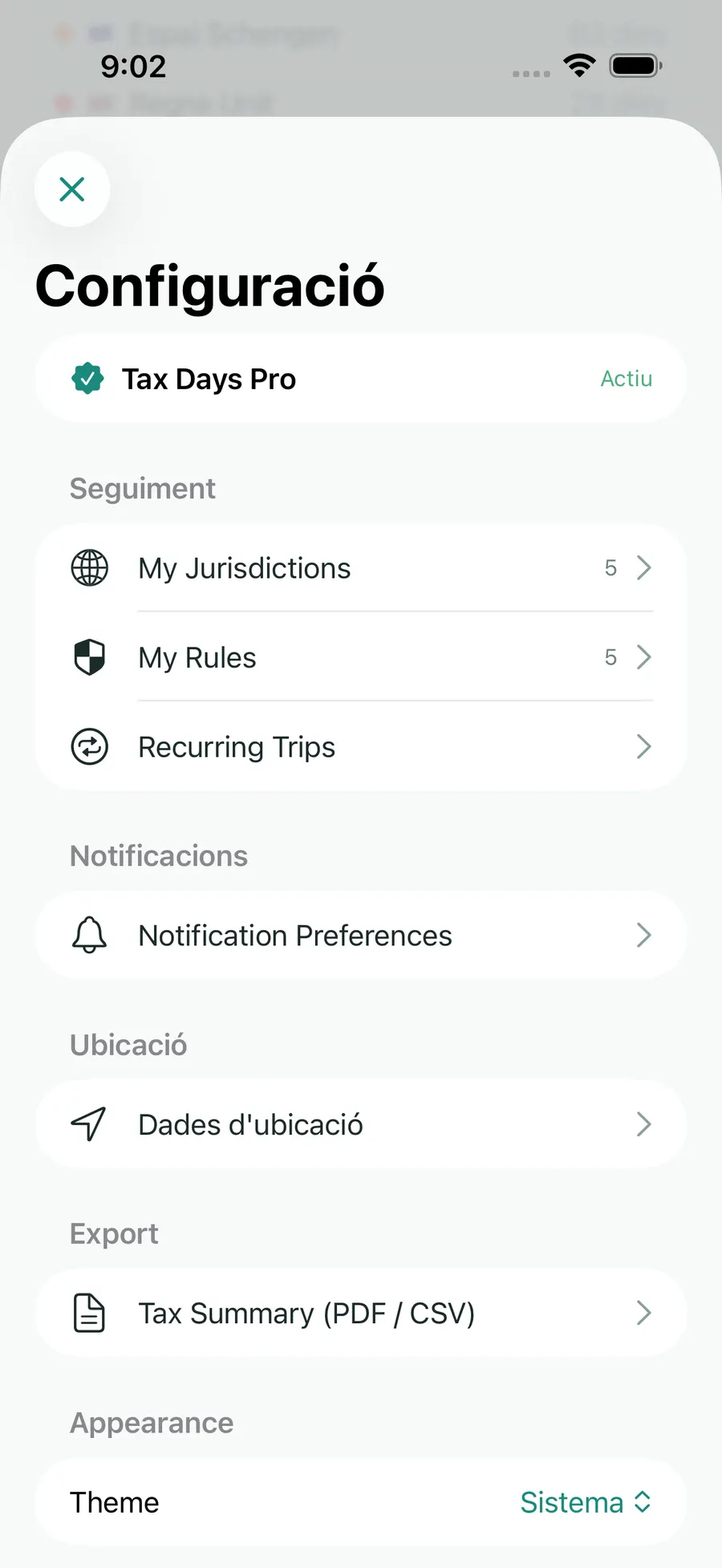 Tax Days settings screen showing supported jurisdictions and rules