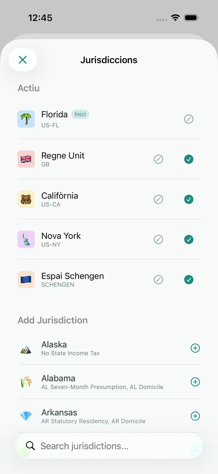 Tax Days jurisdiction picker with Florida, Schengen, the UK, California and New York active