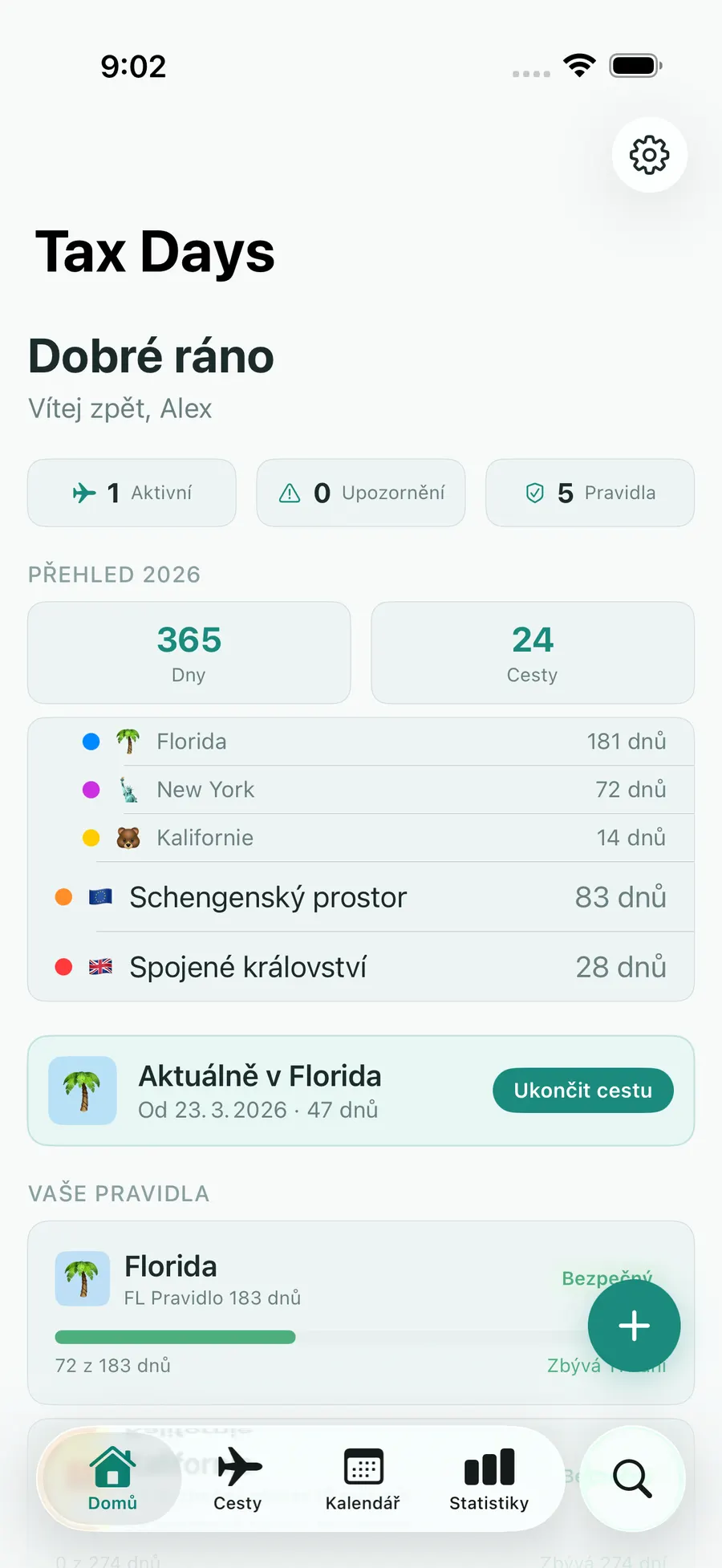 Tax Days home screen showing real-time residency status across multiple jurisdictions