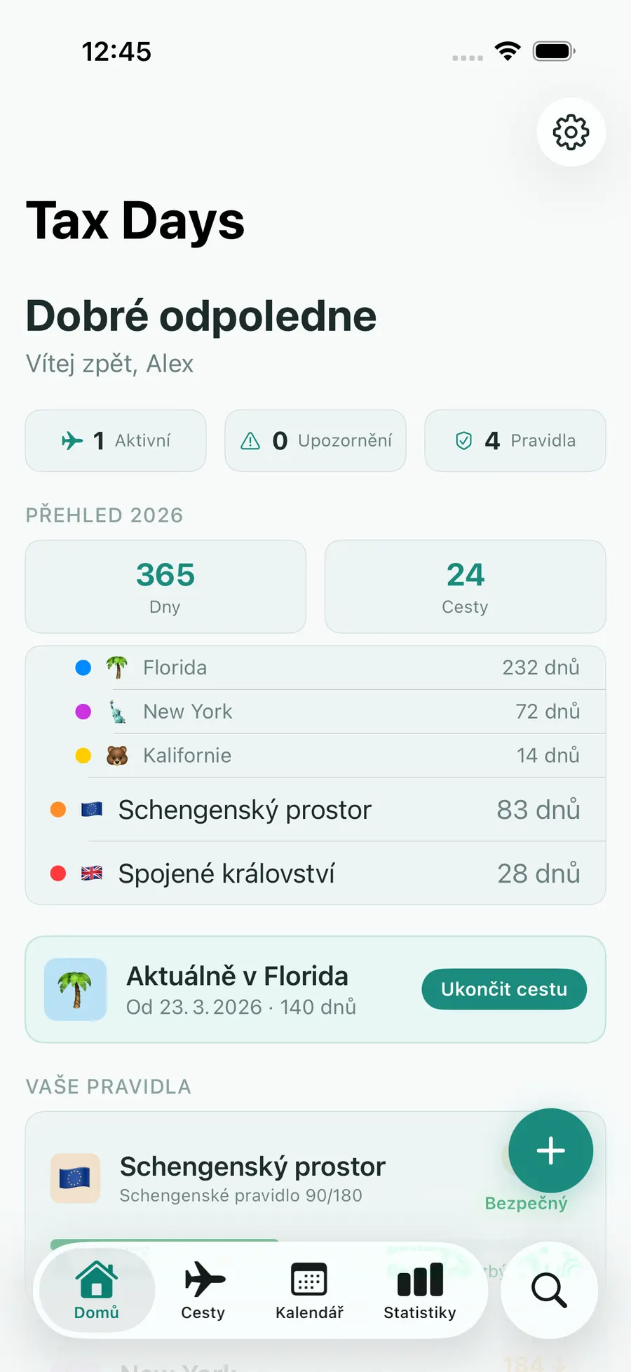 Tax Days home screen with per-jurisdiction day counts and status