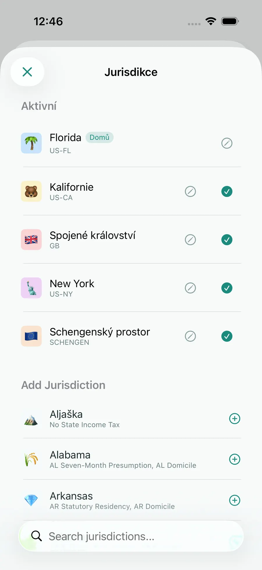 Tax Days jurisdiction picker with Florida, Schengen, the UK, California and New York active