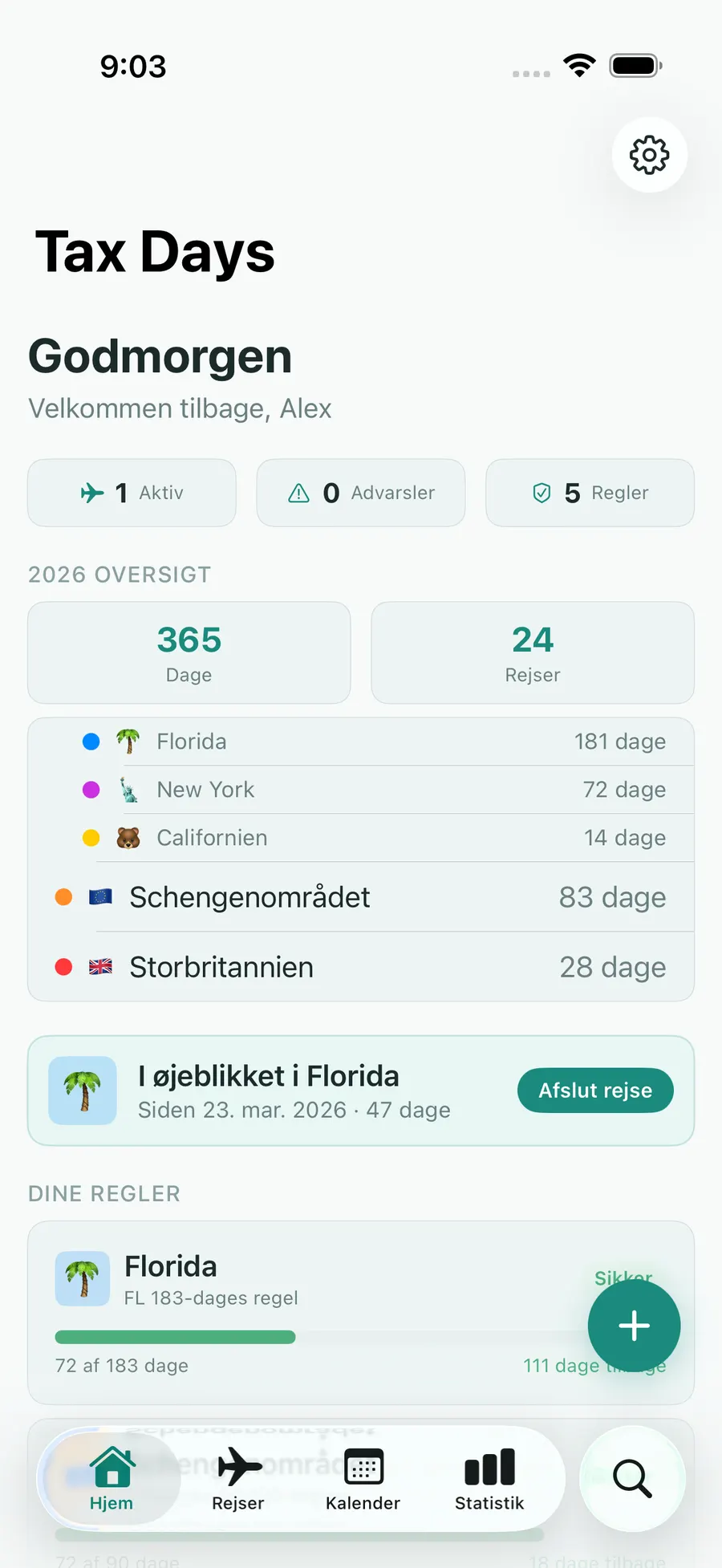 Tax Days home screen showing real-time residency status across multiple jurisdictions