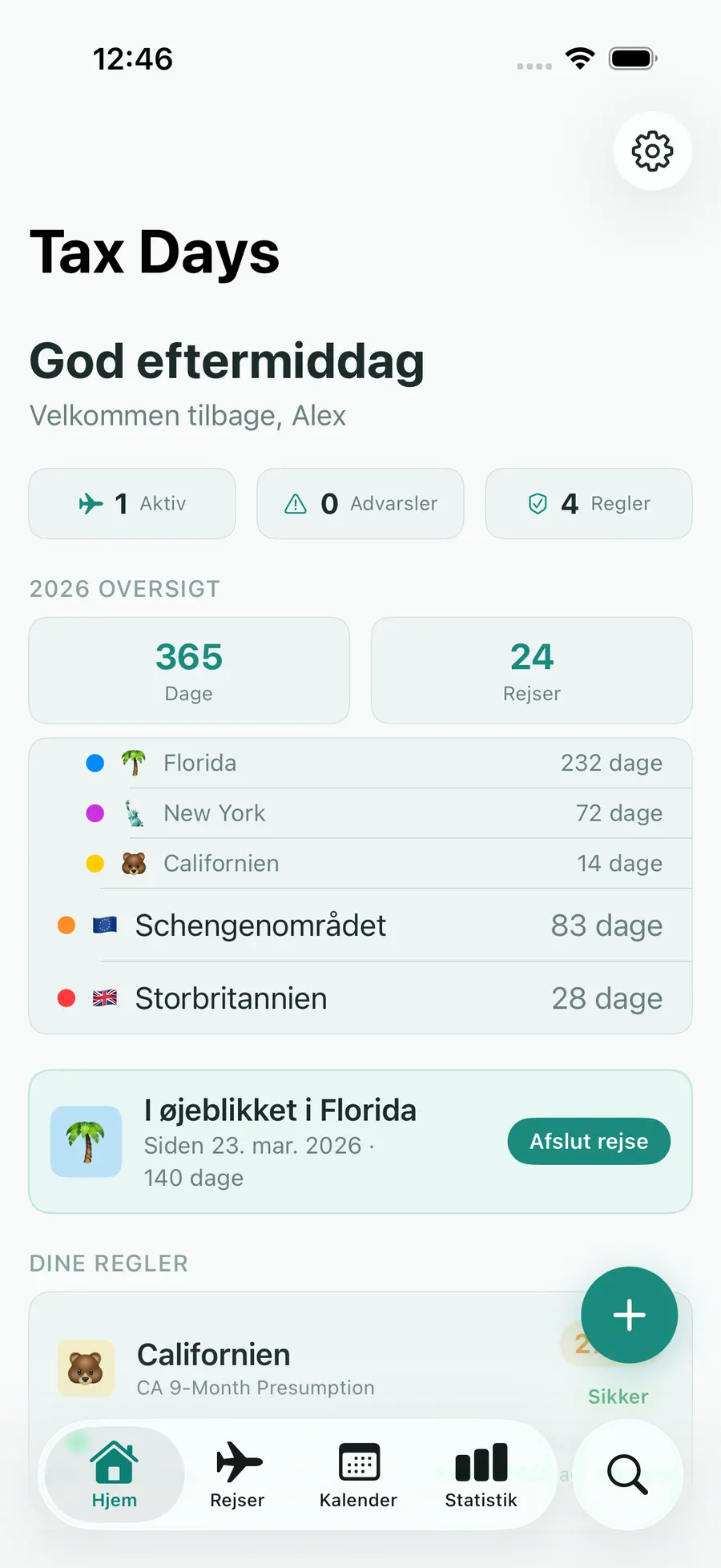 Tax Days home screen with per-jurisdiction day counts and status