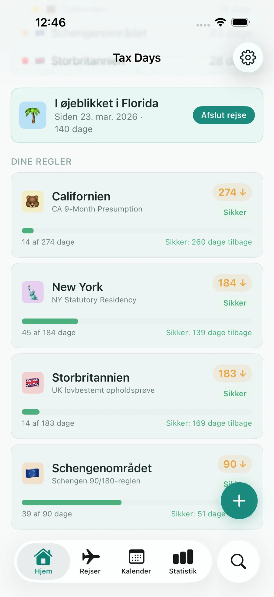 Tax Days dashboard with rule progress bars for multiple jurisdictions