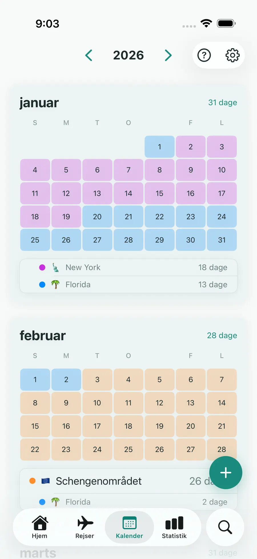 Tax Days calendar screen with trips highlighted across months