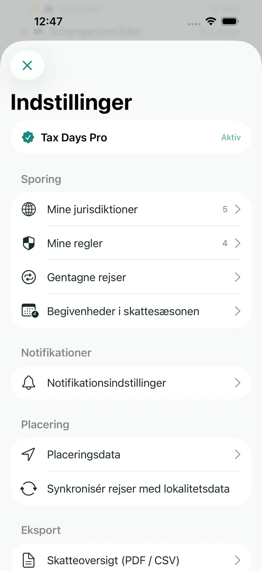 Tax Days settings showing supported jurisdictions and rules