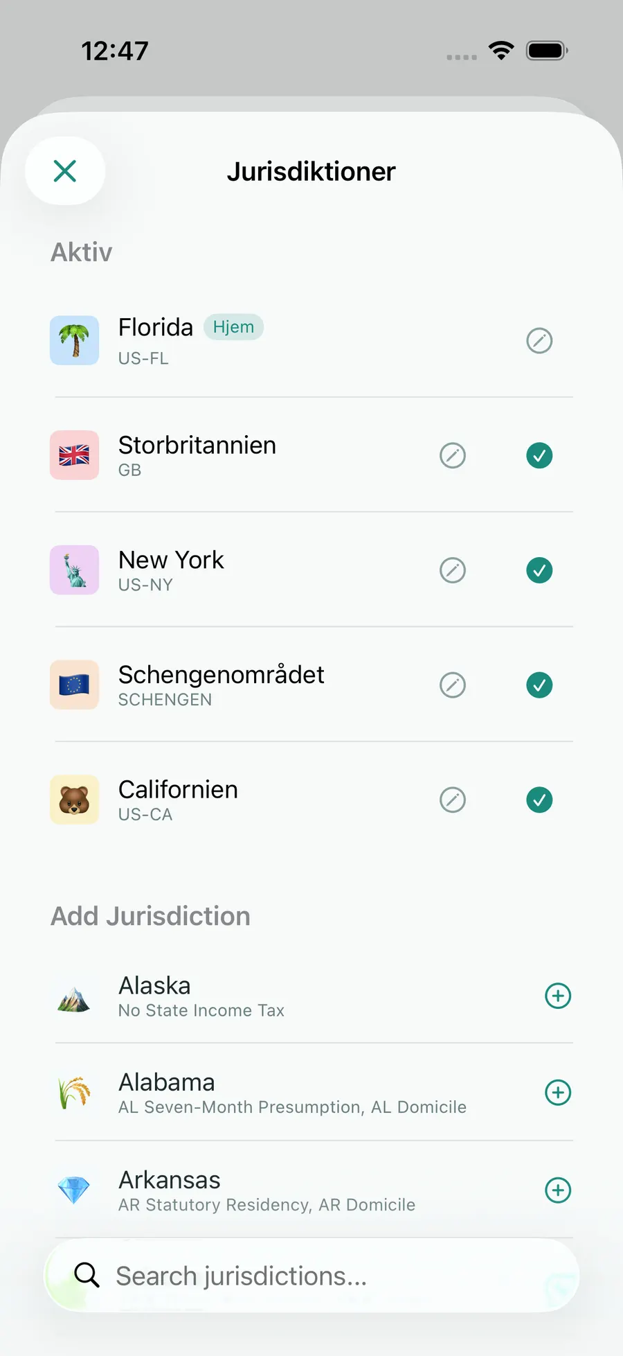 Tax Days jurisdiction picker with Florida, Schengen, the UK, California and New York active