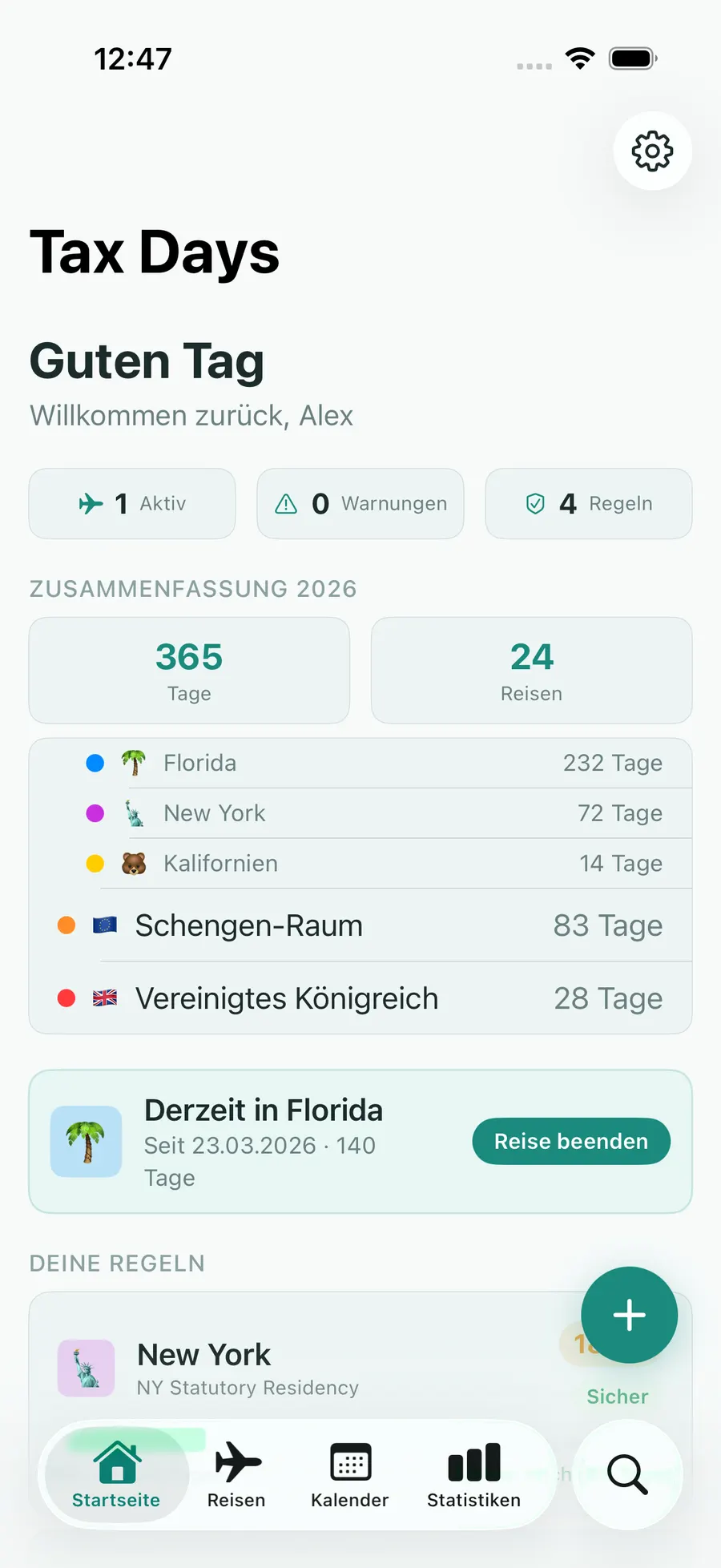 Tax Days home screen with per-jurisdiction day counts and status