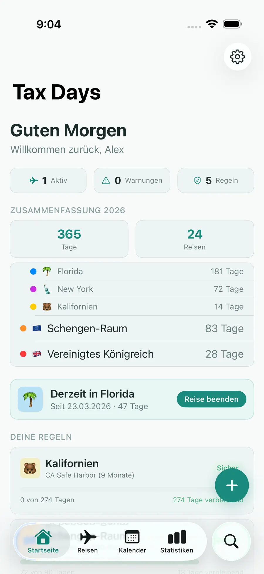 Tax Days home screen showing real-time residency status across multiple jurisdictions
