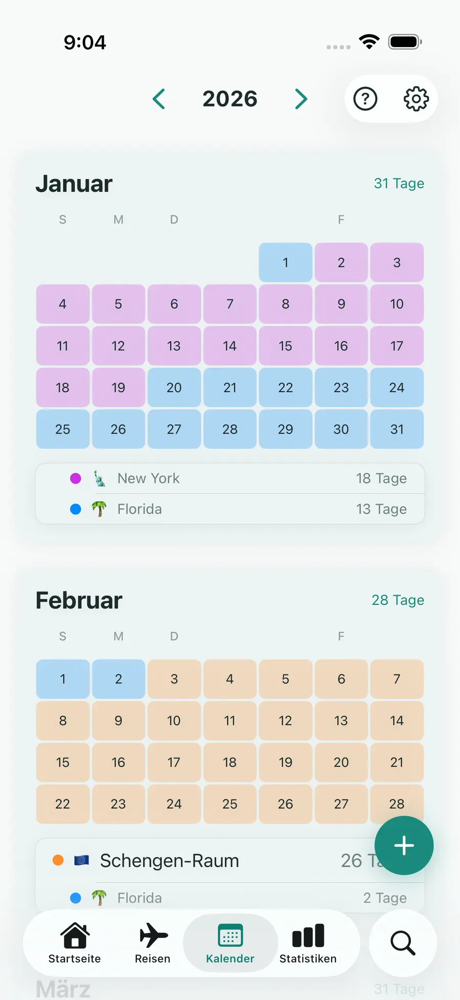 Tax Days calendar screen with trips highlighted across months