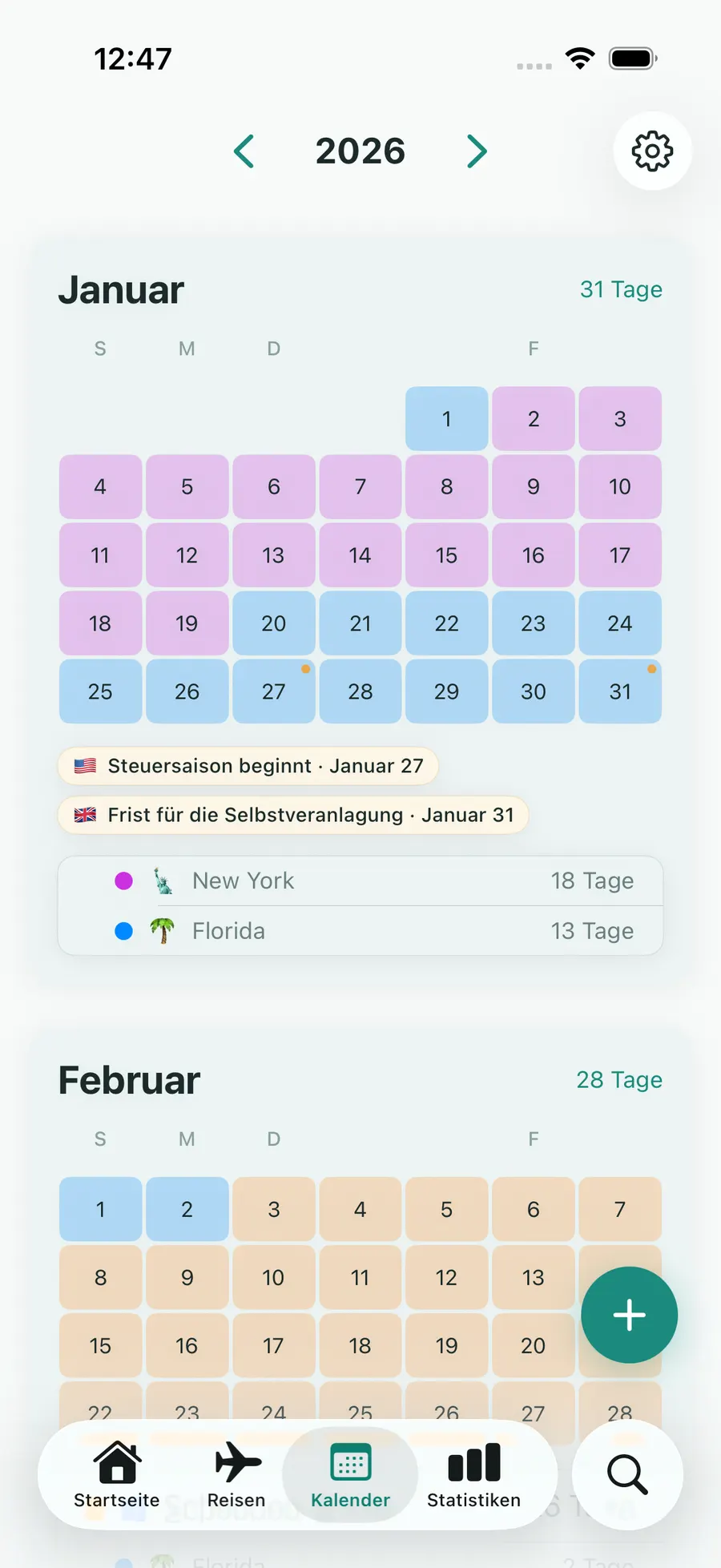 Tax Days yearly calendar with trips highlighted