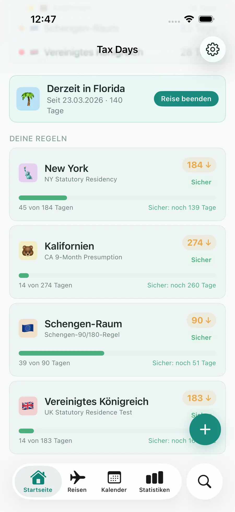 Tax Days rules list showing the Schengen 90/180 rolling-window progress