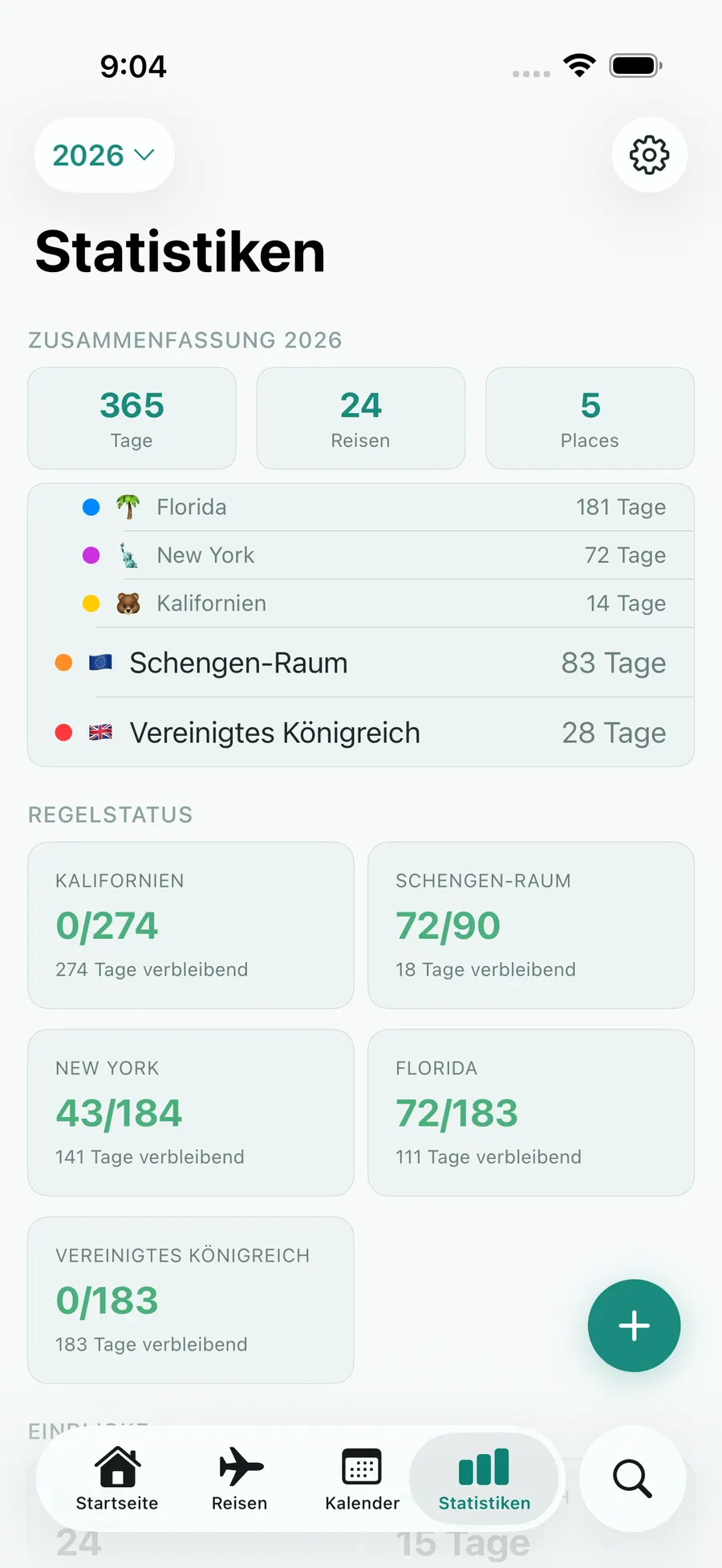 Tax Days stats screen with annual summary and per-rule status