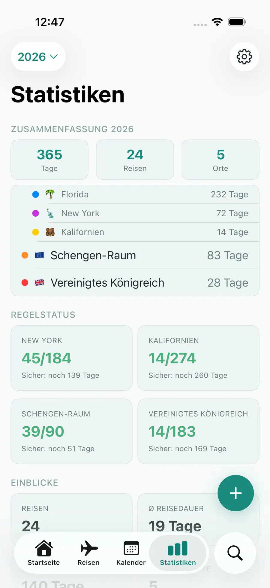 Tax Days stats screen with annual summary and per-rule status