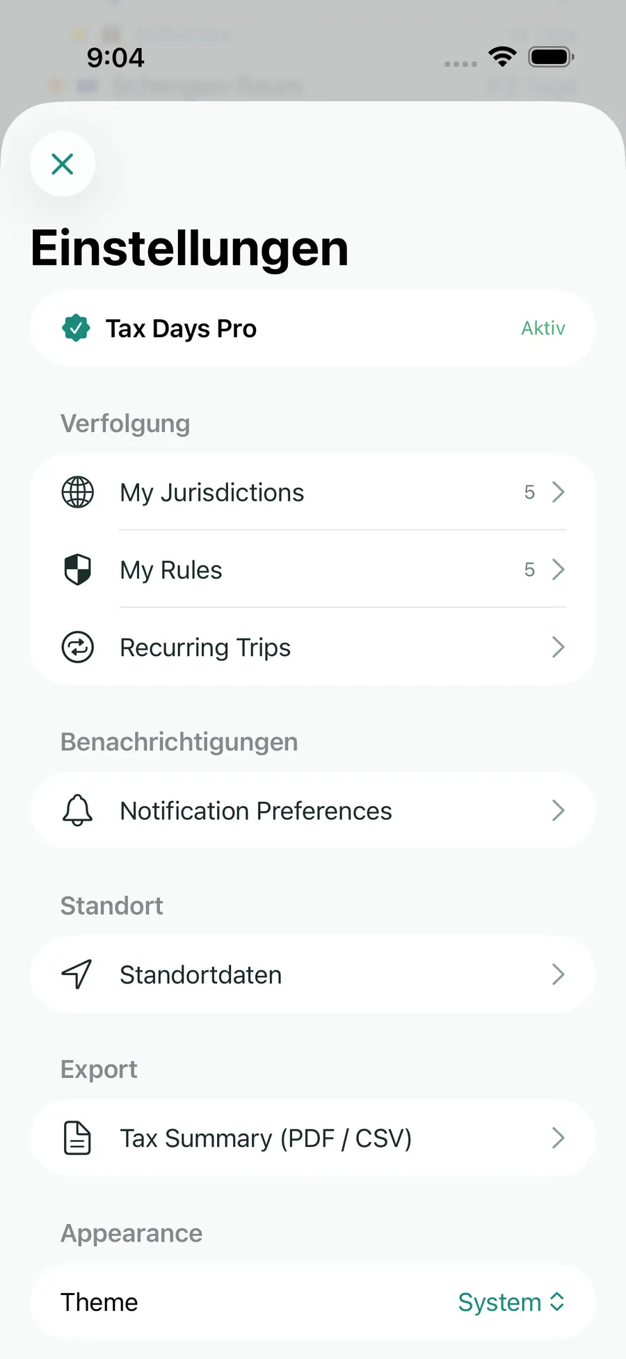 Tax Days settings screen showing supported jurisdictions and rules