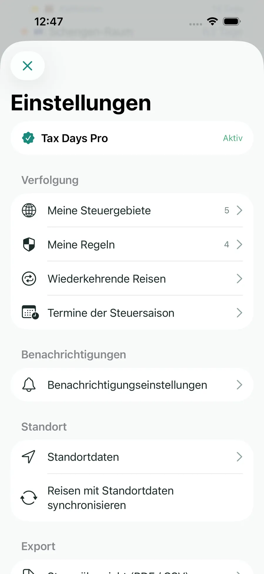 Tax Days settings showing supported jurisdictions and rules