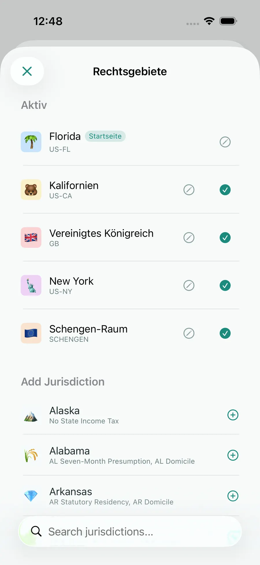 Tax Days jurisdiction picker with Florida, Schengen, the UK, California and New York active