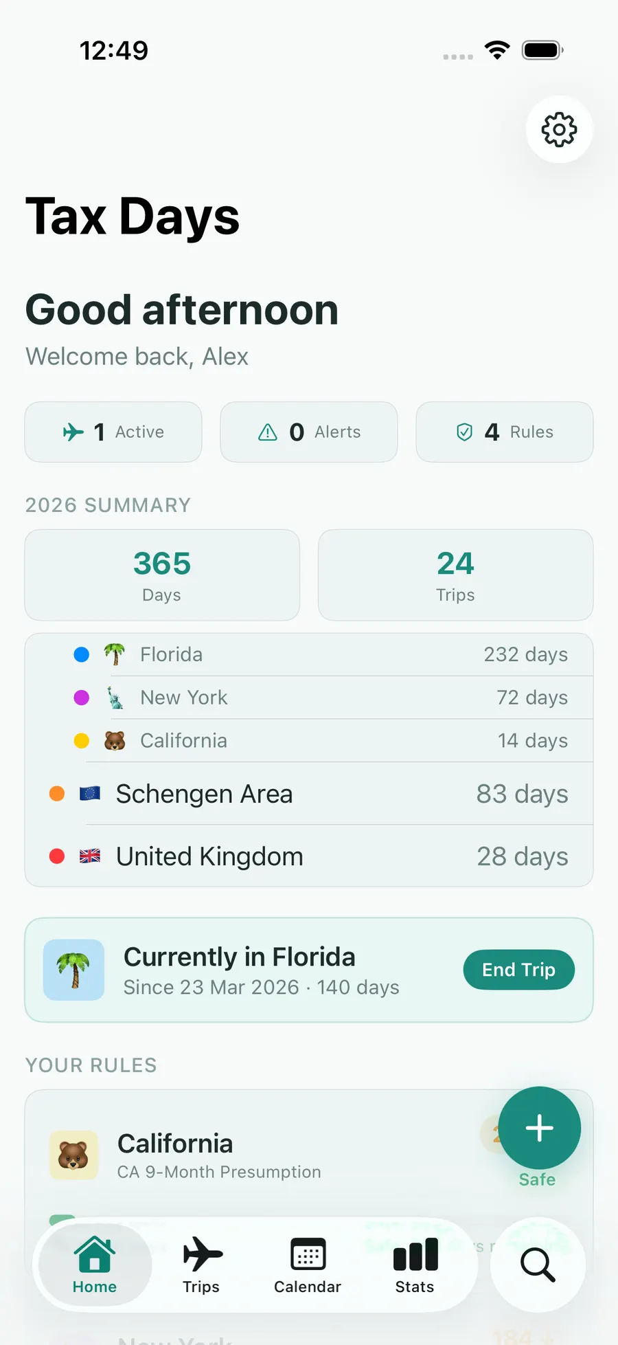 Tax Days home screen with per-jurisdiction day counts and status