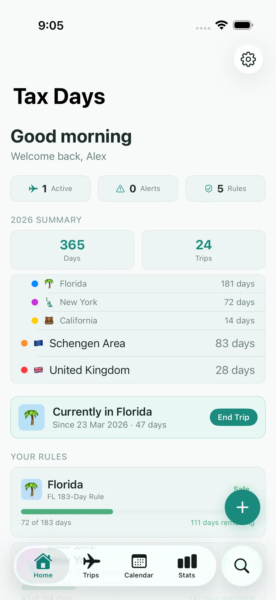 Tax Days home screen showing real-time residency status across multiple jurisdictions