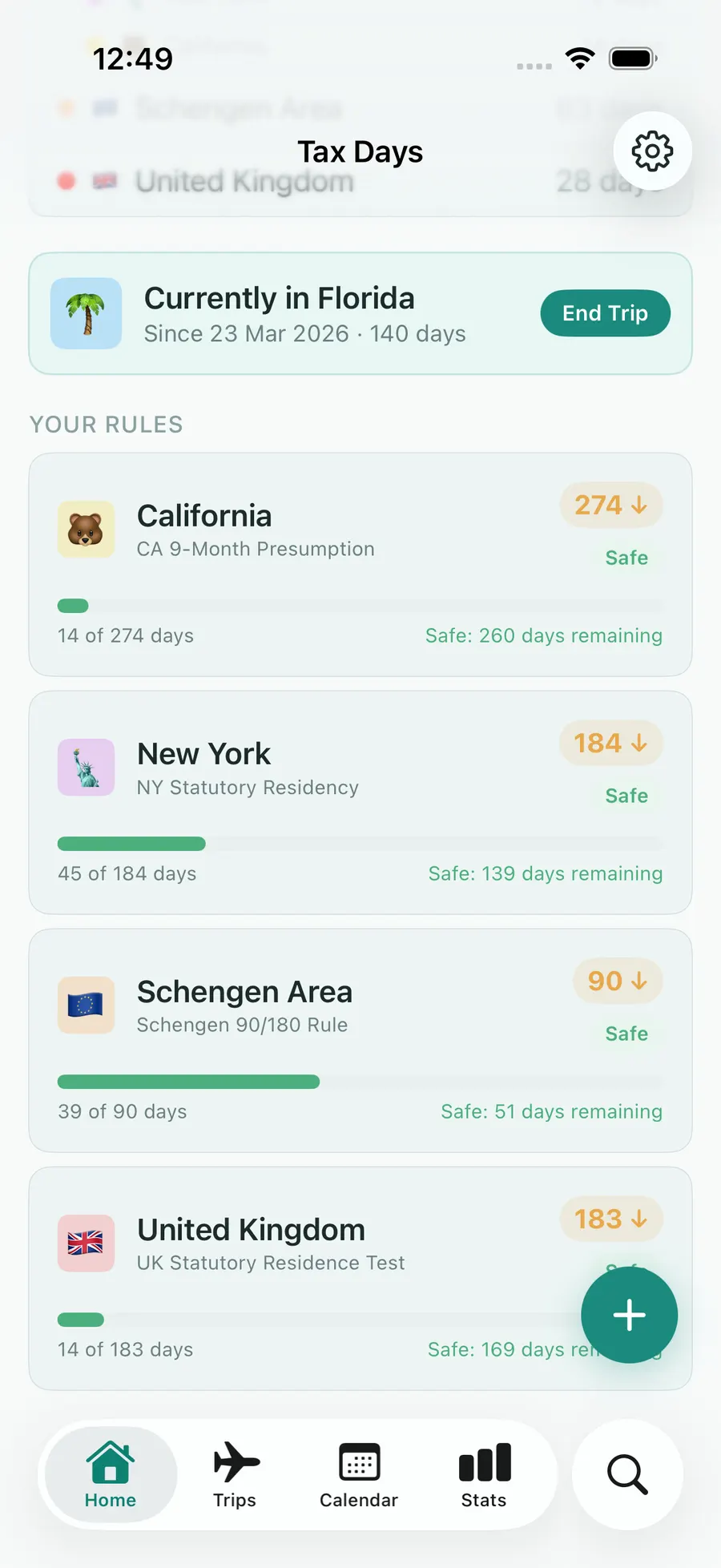 Tax Days dashboard with rule progress bars for multiple jurisdictions