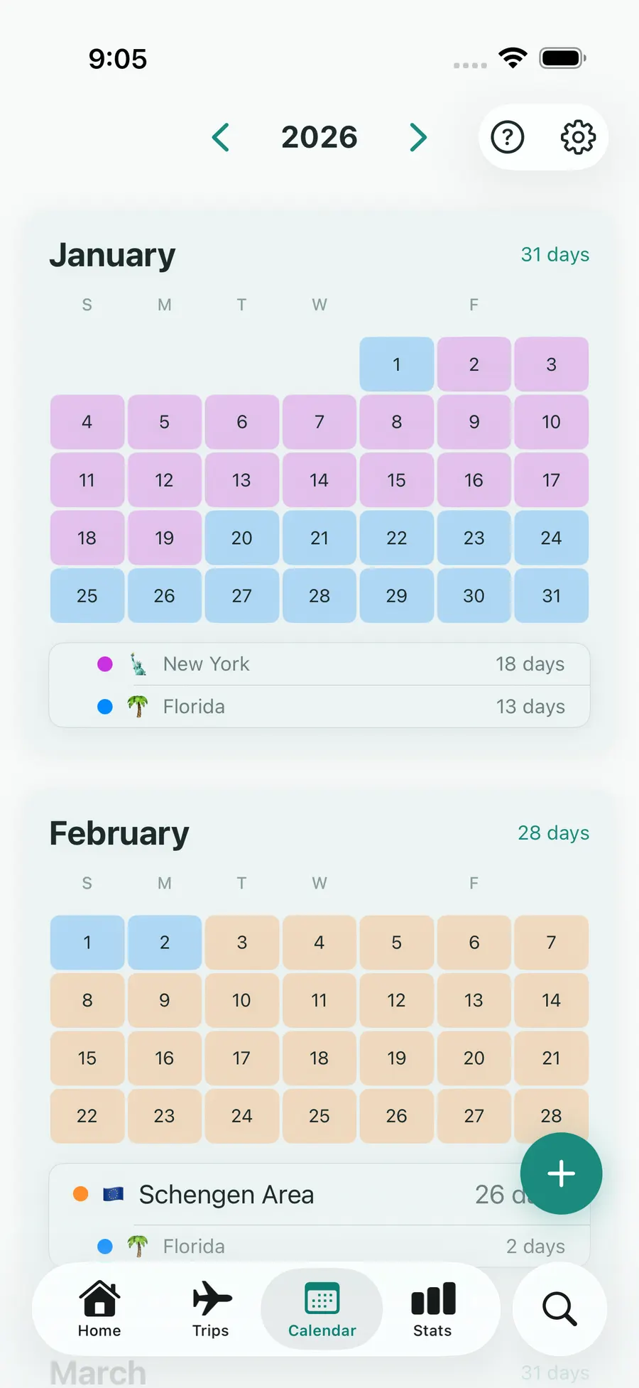 Tax Days calendar screen with trips highlighted across months