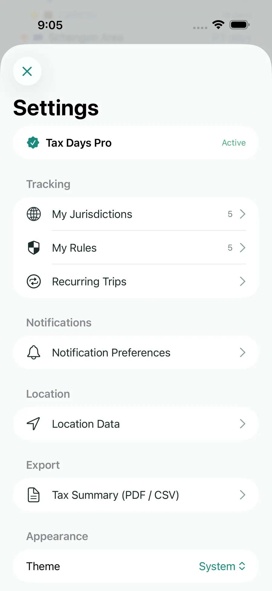 Tax Days settings screen showing supported jurisdictions and rules