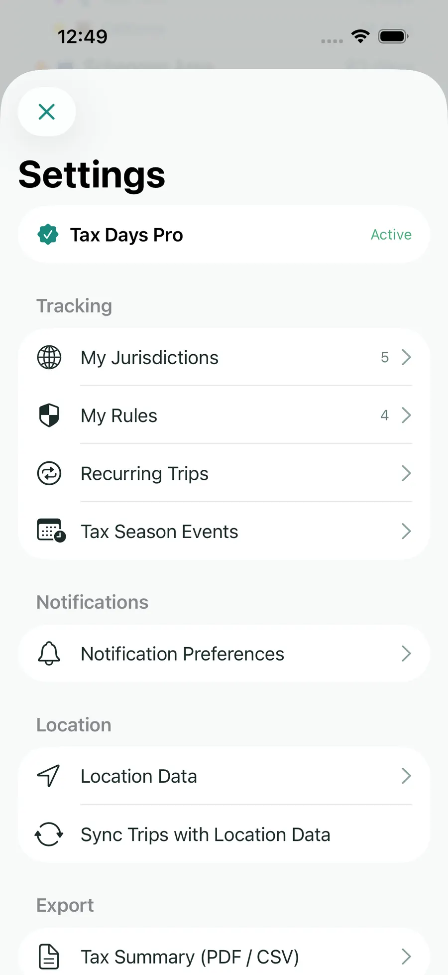 Tax Days settings showing supported jurisdictions and rules