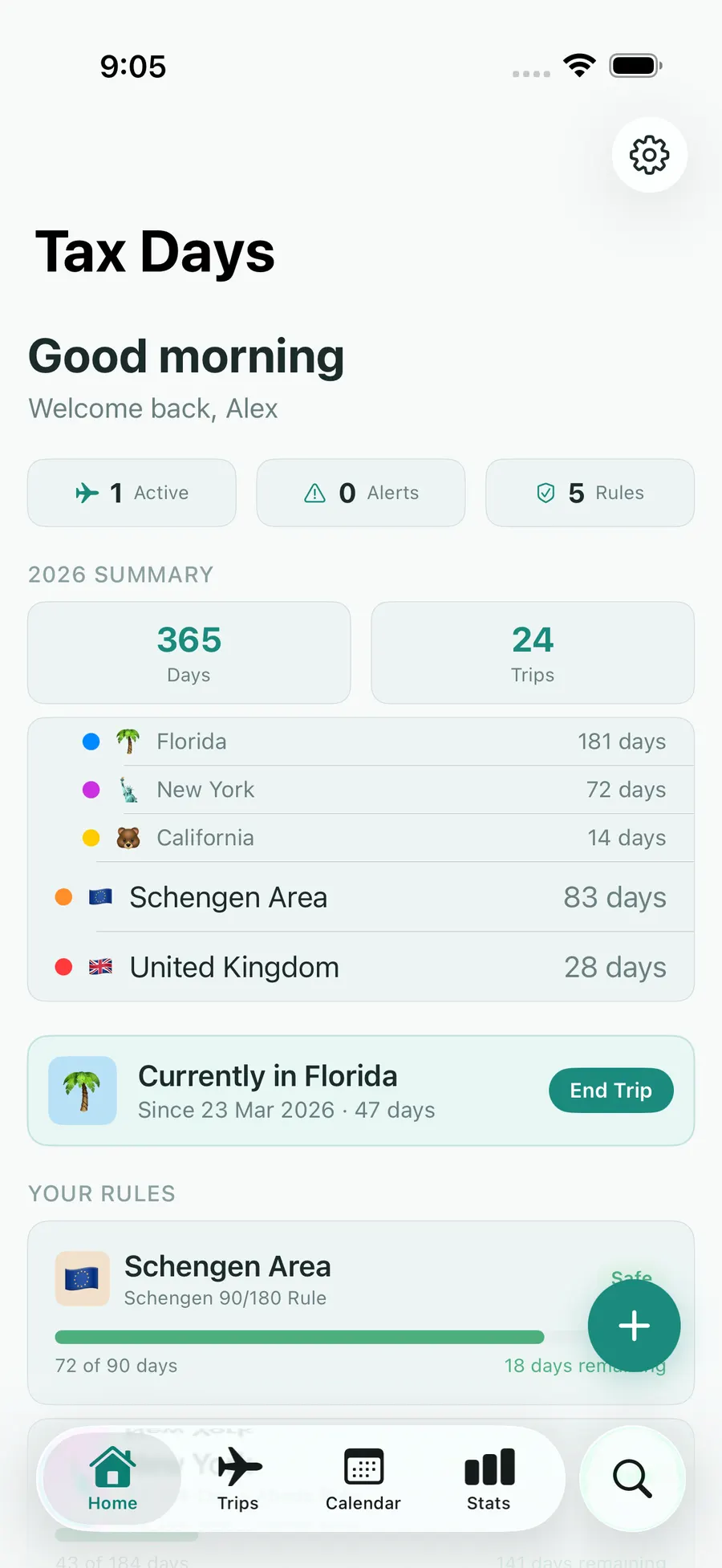 Tax Days home screen showing real-time residency status across multiple jurisdictions