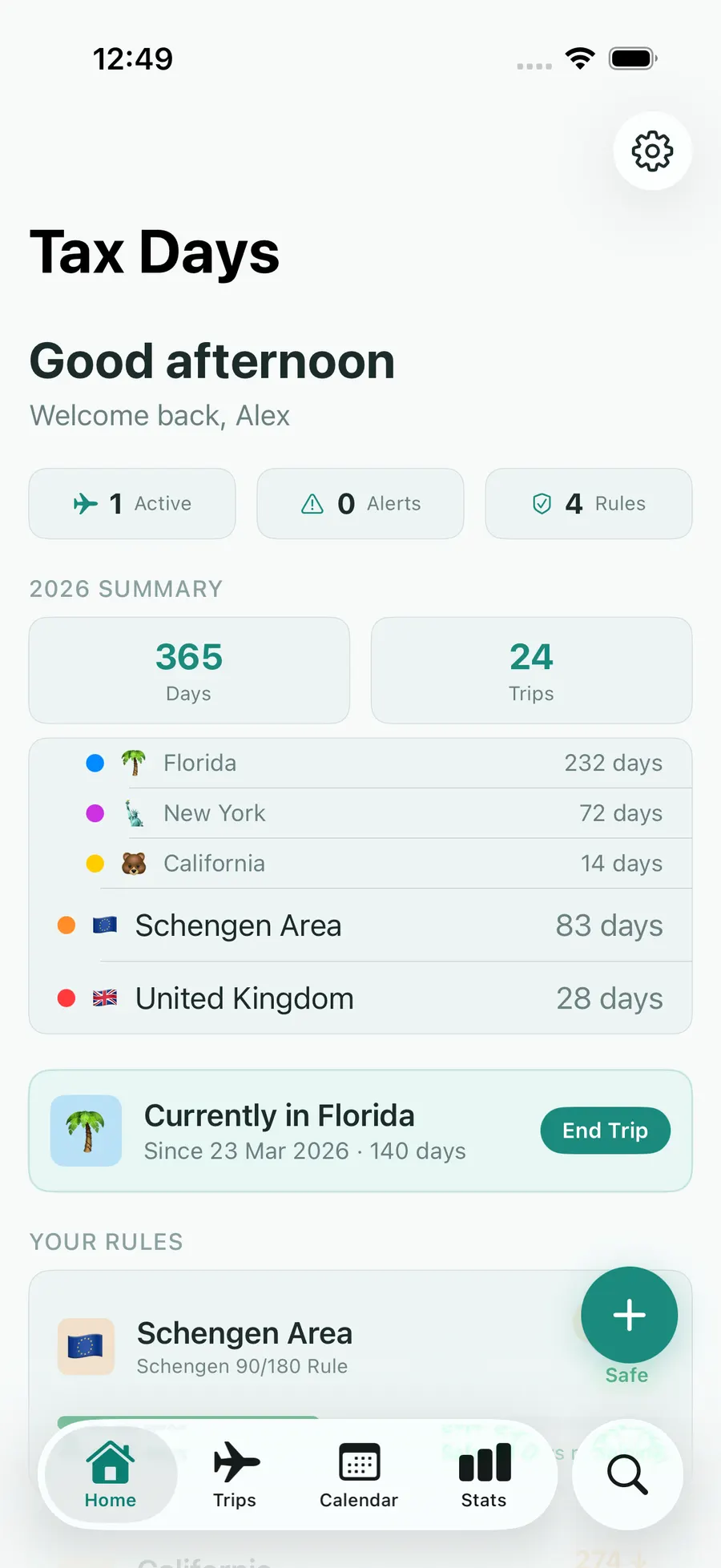 Tax Days home screen with per-jurisdiction day counts and status