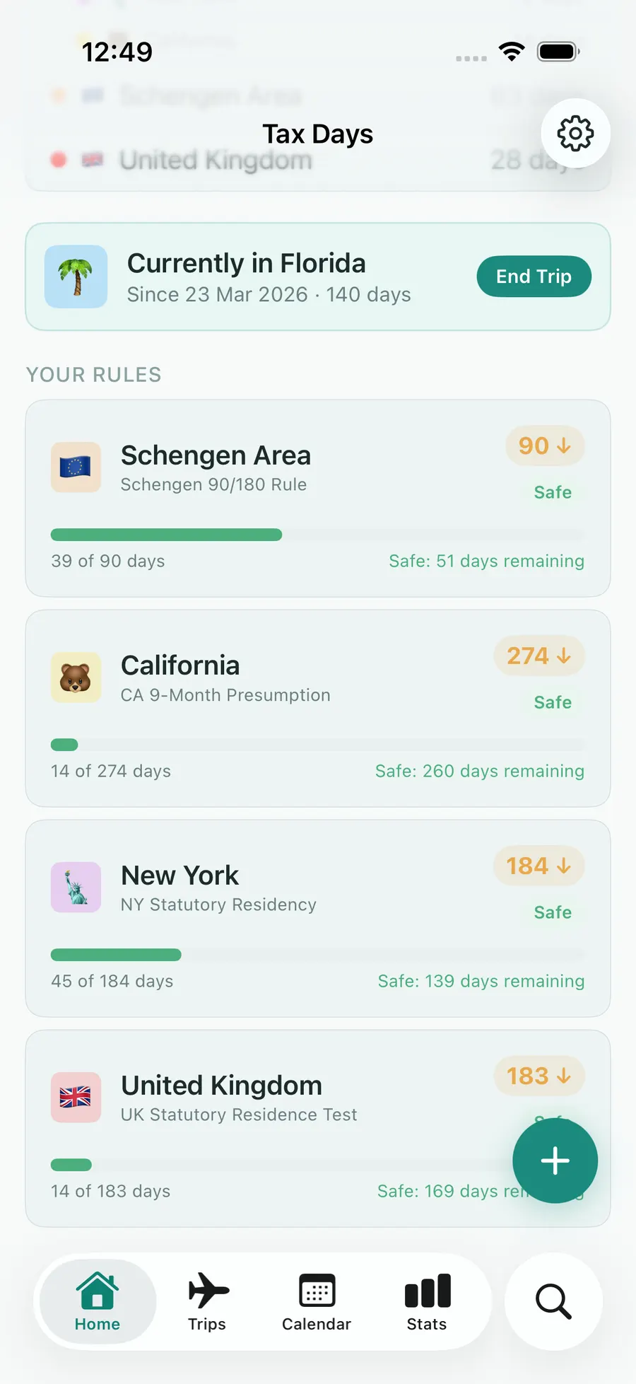 Tax Days dashboard with rule progress bars for multiple jurisdictions