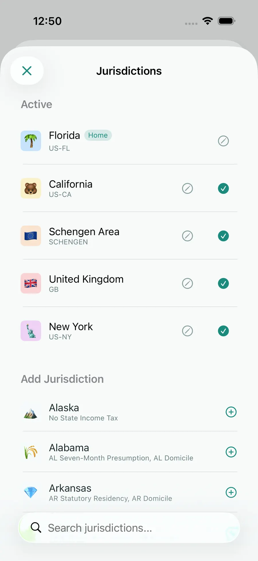 Tax Days jurisdiction picker with Florida, Schengen, the UK, California and New York active
