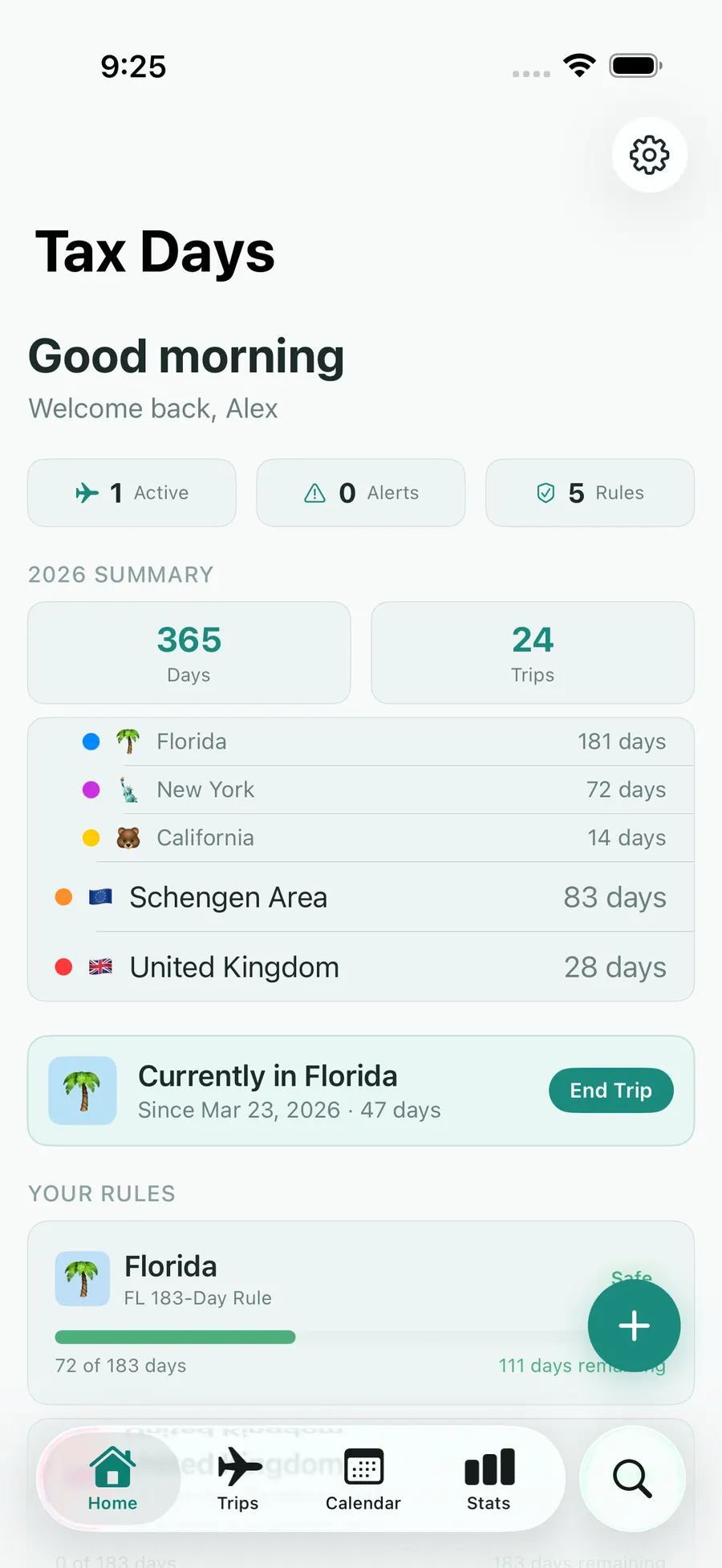 Tax Days home screen showing real-time residency status across multiple jurisdictions