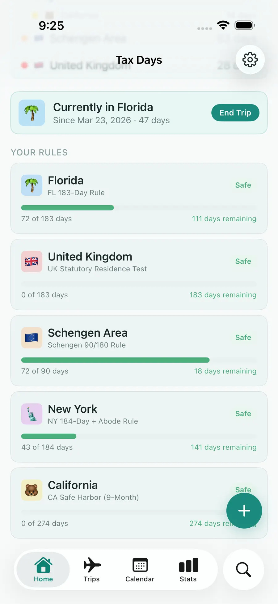 Tax Days dashboard with rule progress bars