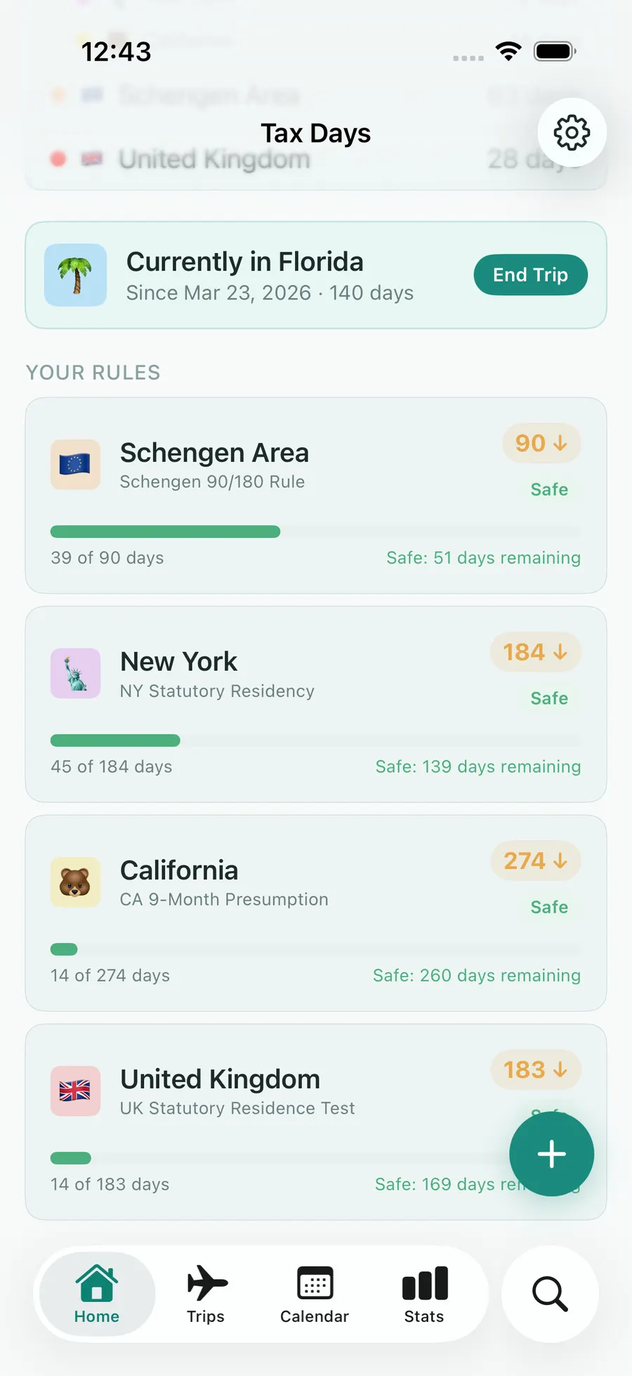 Tax Days dashboard with rule progress bars for multiple jurisdictions
