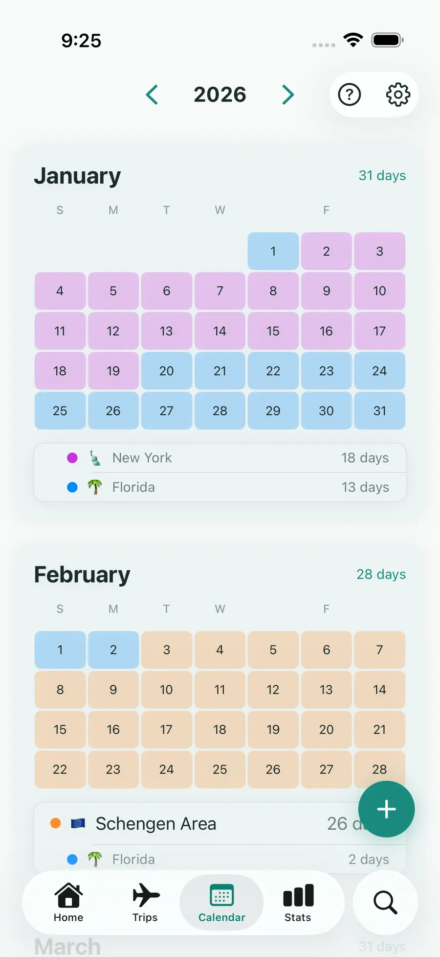 Tax Days calendar screen with trips highlighted across months
