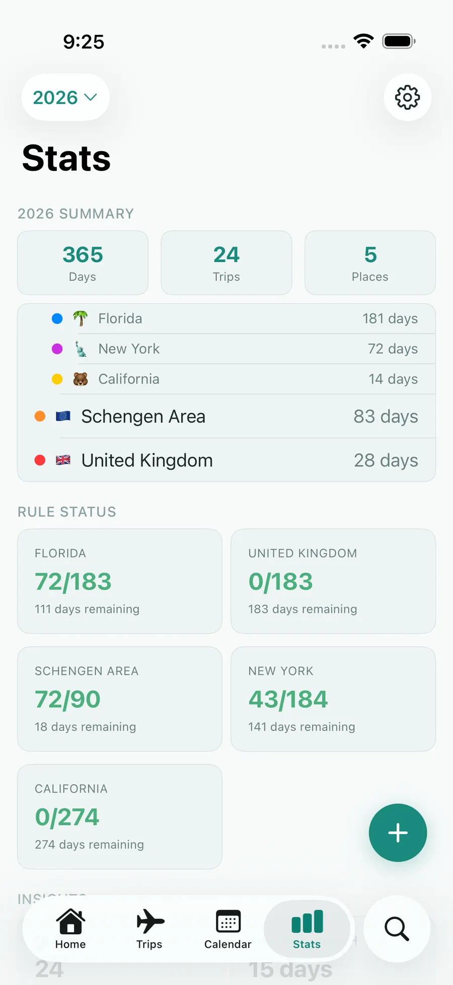 Tax Days stats screen with annual summary and per-rule status