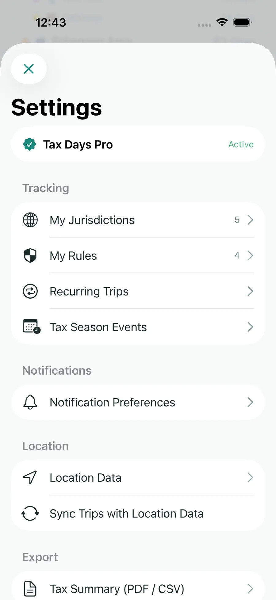 Tax Days settings showing supported jurisdictions and rules