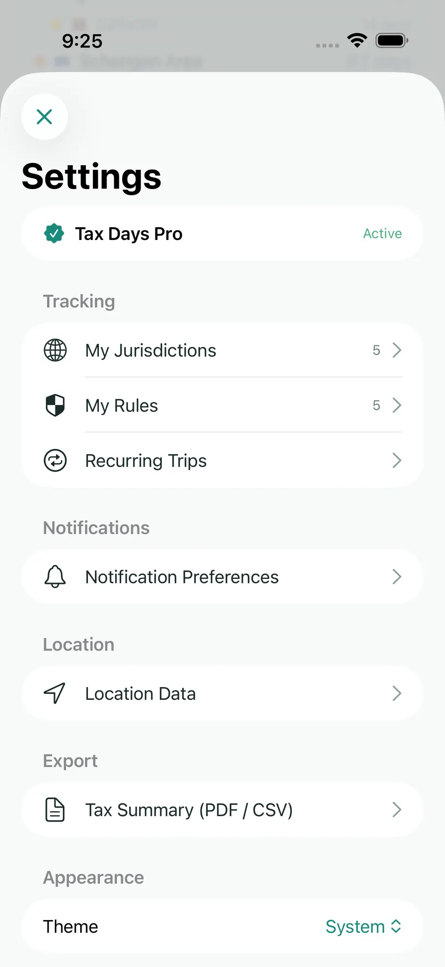 Tax Days settings screen showing supported jurisdictions and rules