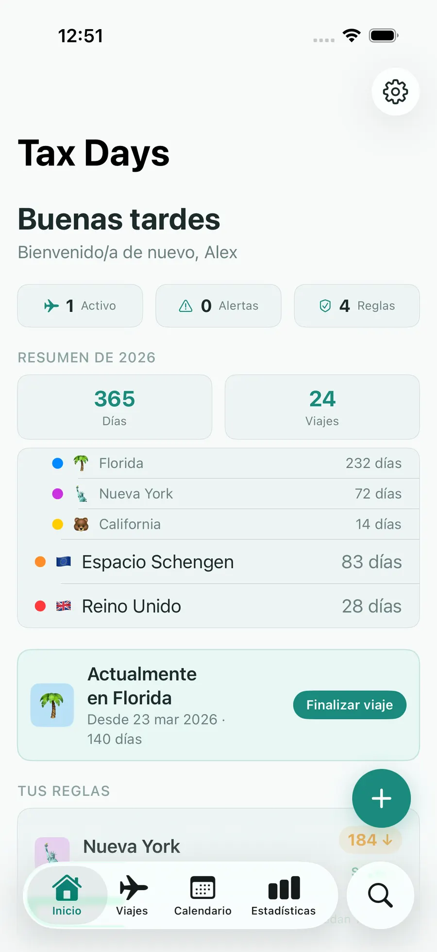 Tax Days home screen with per-jurisdiction day counts and status