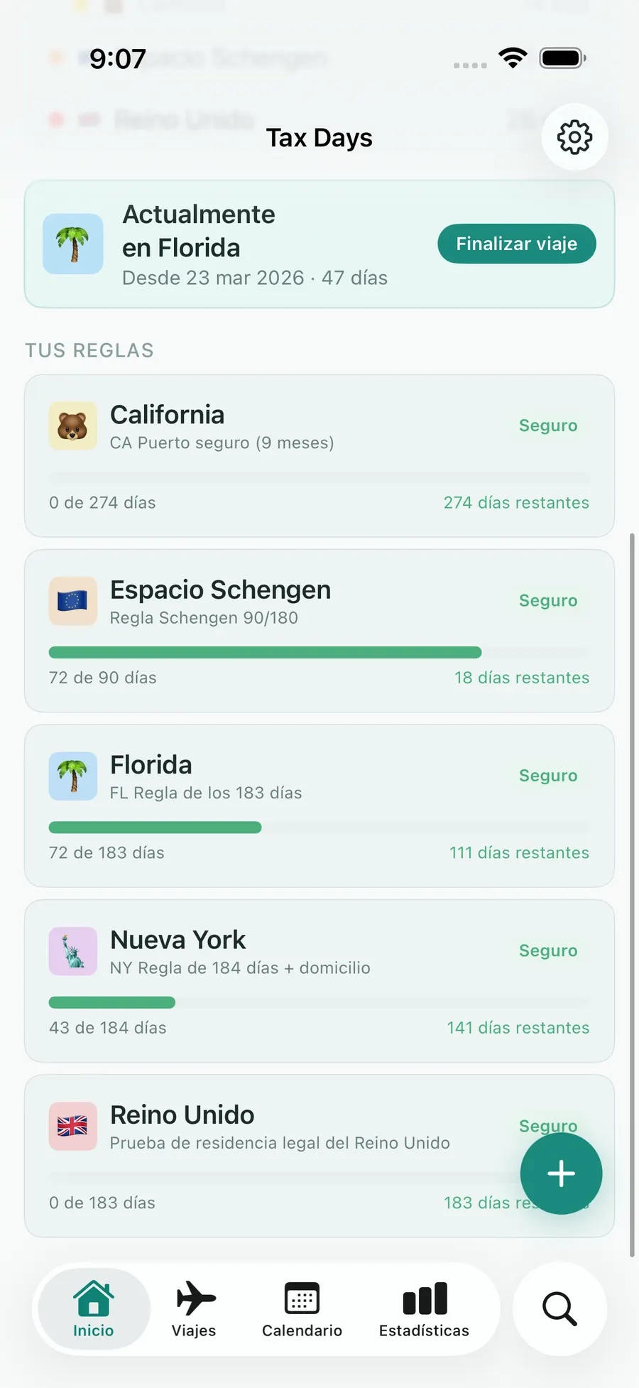 Tax Days Schengen 90/180 progress view