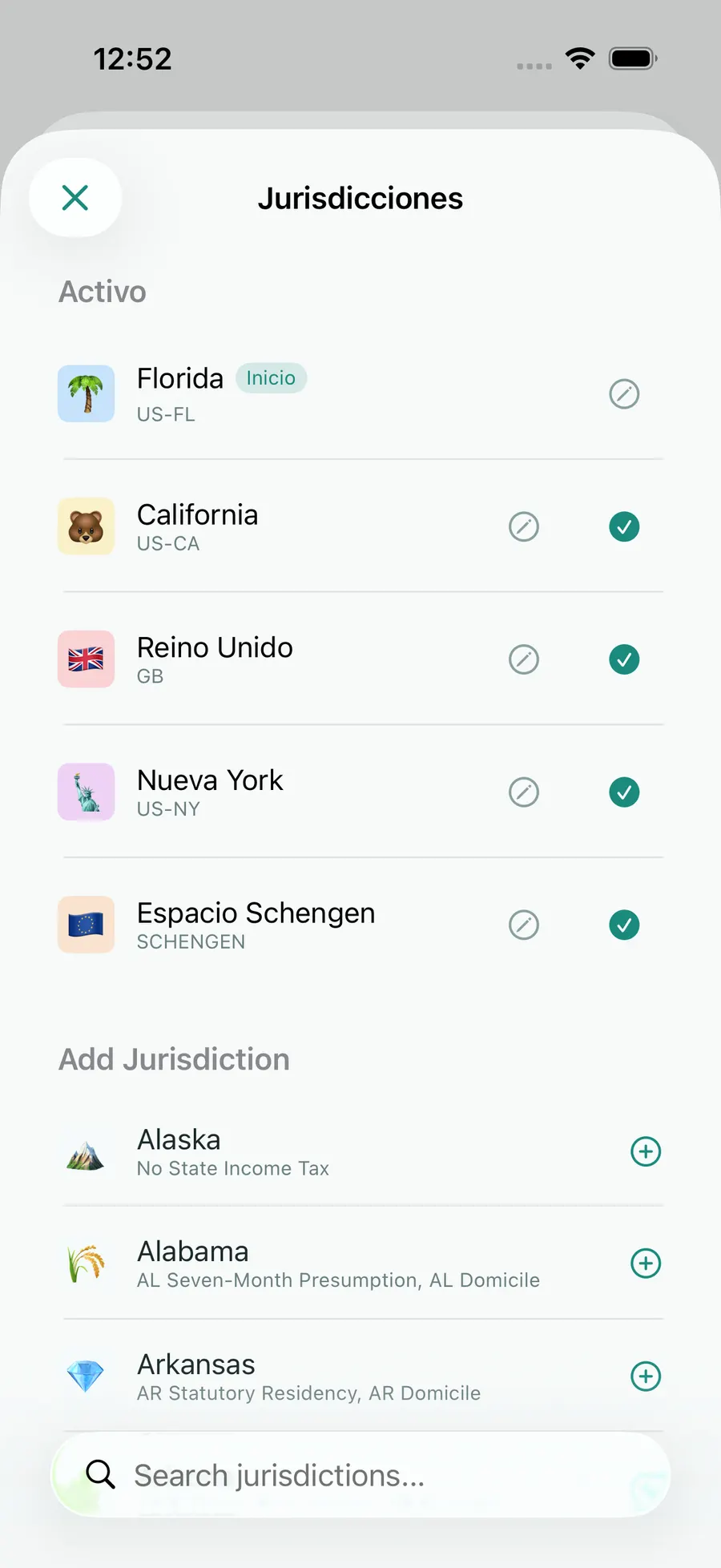 Tax Days jurisdiction picker with Florida, Schengen, the UK, California and New York active
