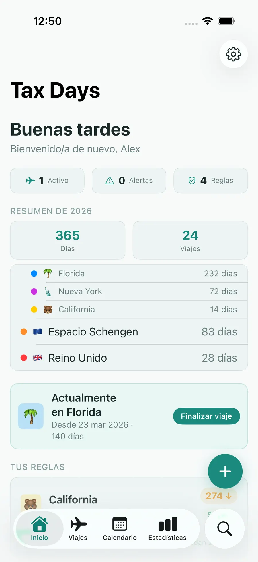 Tax Days home screen with per-jurisdiction day counts and status